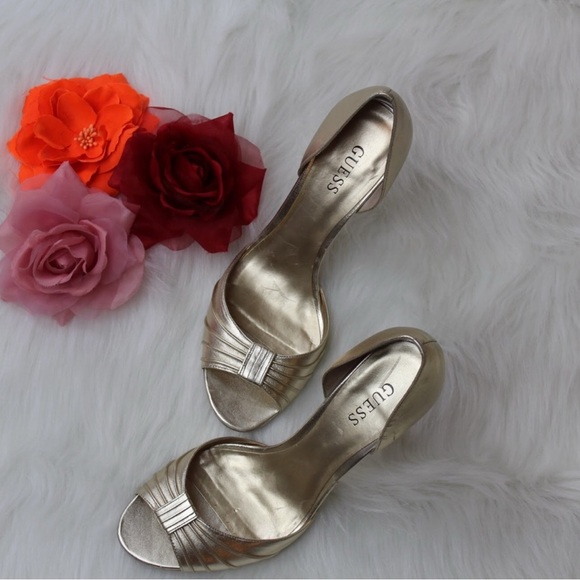 Guess Gold Peep Toe High Heel Pumps Women’s Size 8 Metallic Party Shoes - Picture 1 of 8